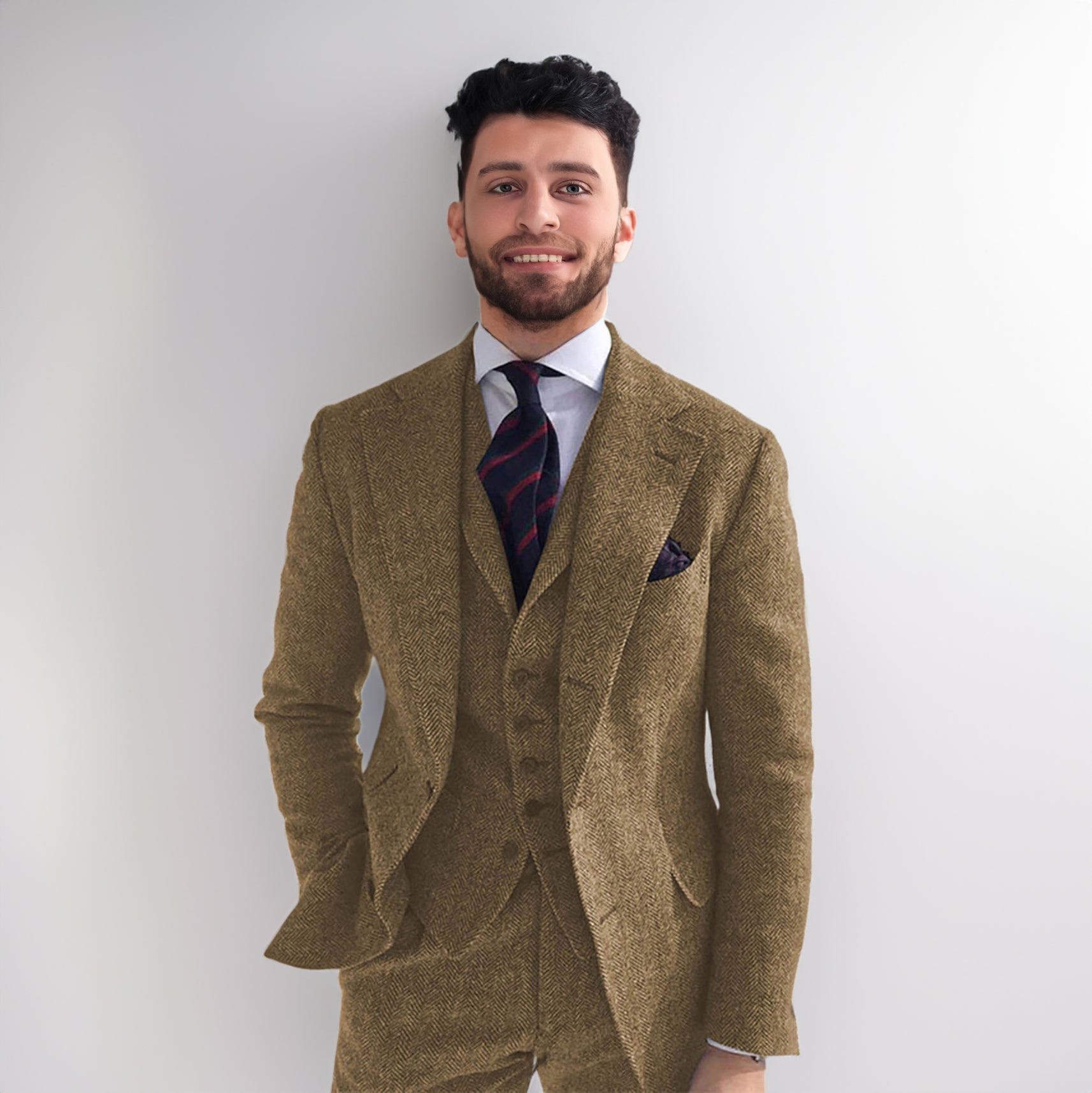 Men's Classic Vintage 3 Piece Herringbone Tweed Notch Lapel Tuxedo