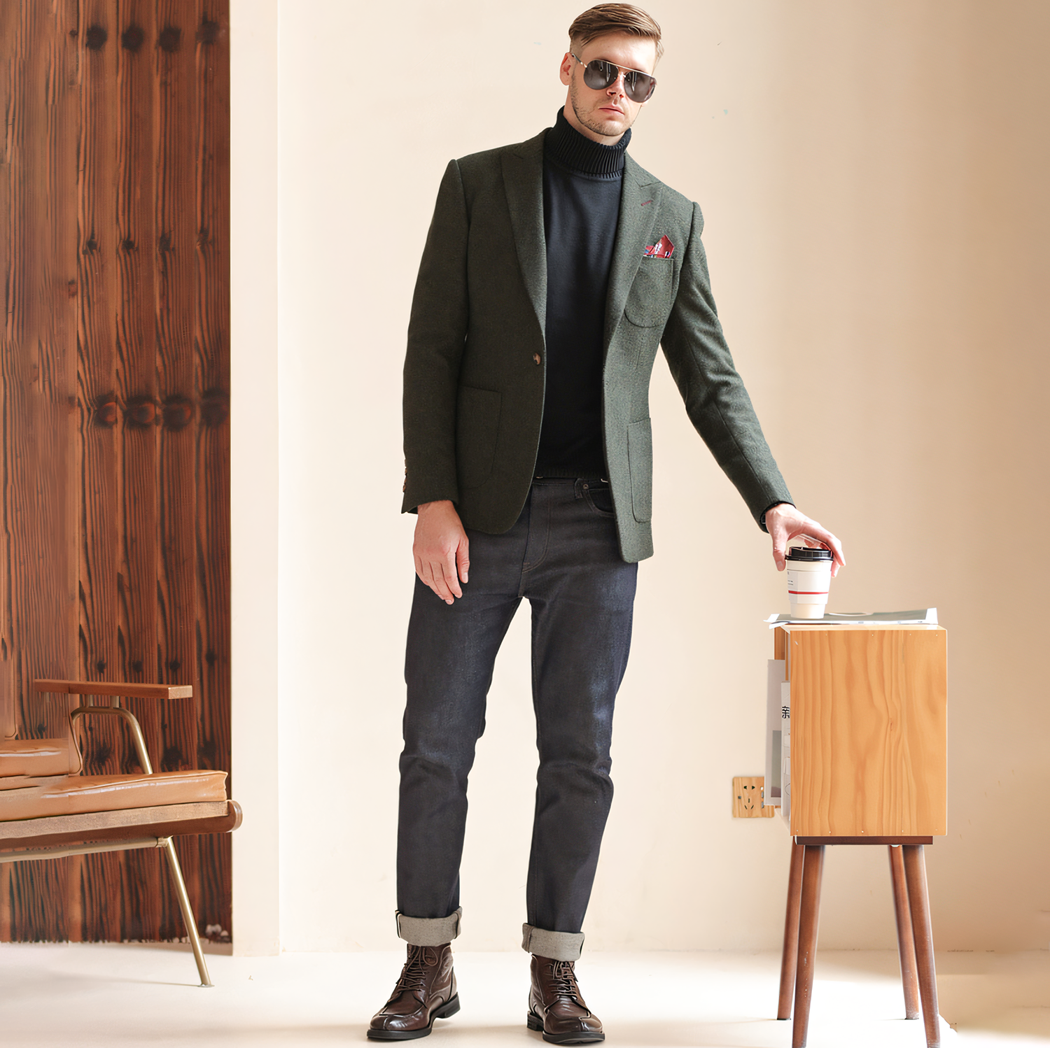 Men's Vintage Herringbone Dark Green Tweed Peak Lapel Blazer Jacket