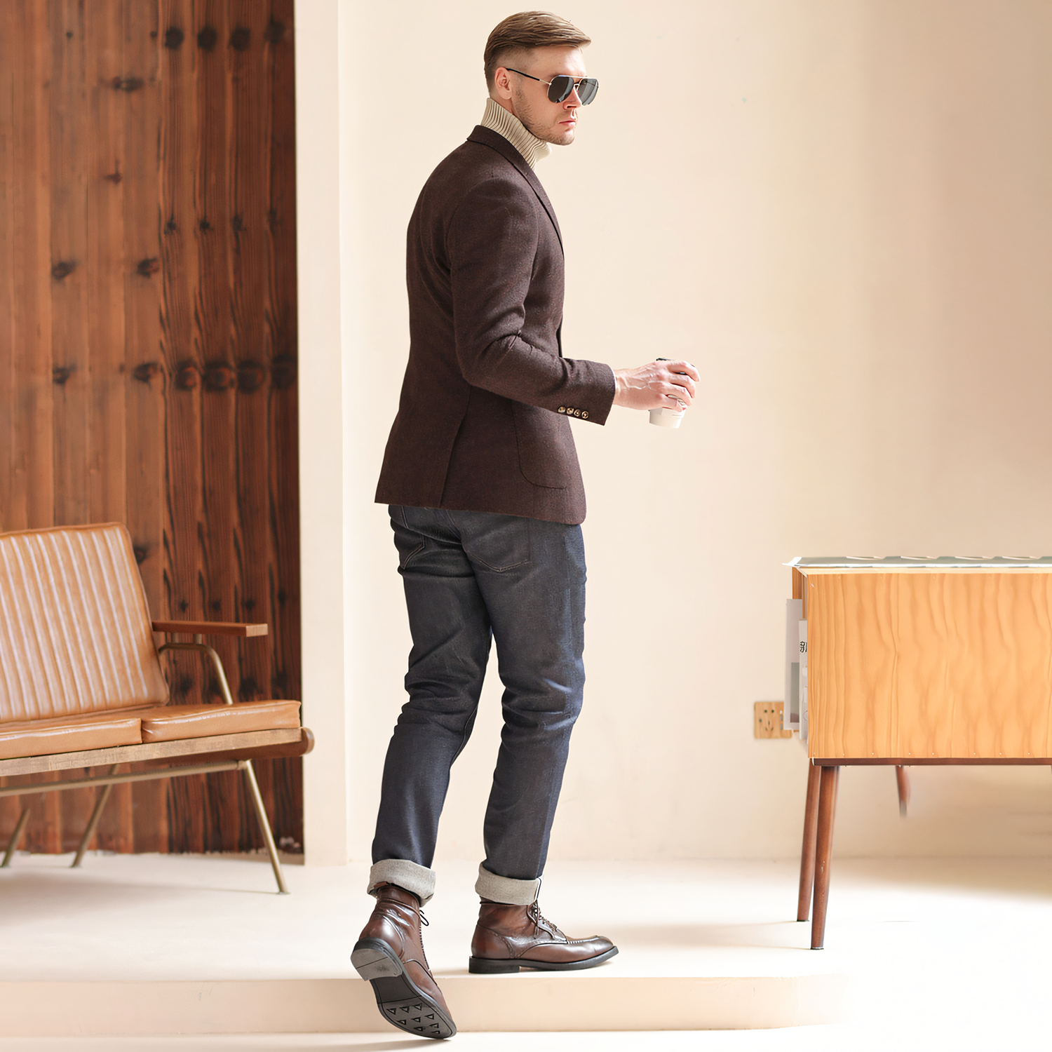 Men's Vintage Herringbone Coffee Tweed Peak Lapel Blazer Jacket