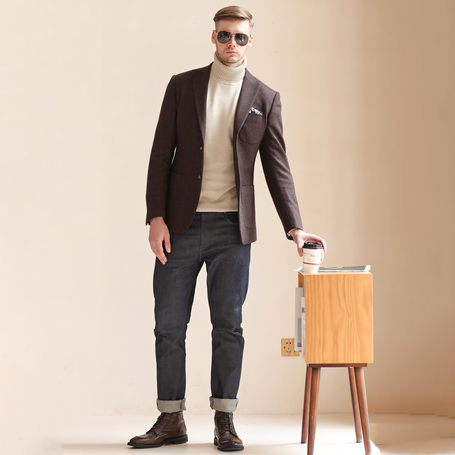 Men's Vintage Herringbone Coffee Tweed Peak Lapel Blazer Jacket