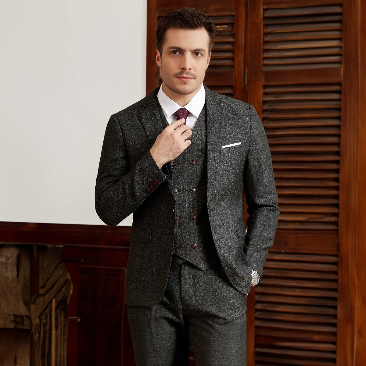 3 Piece Herringbone Tweed Notch Lapel Suit