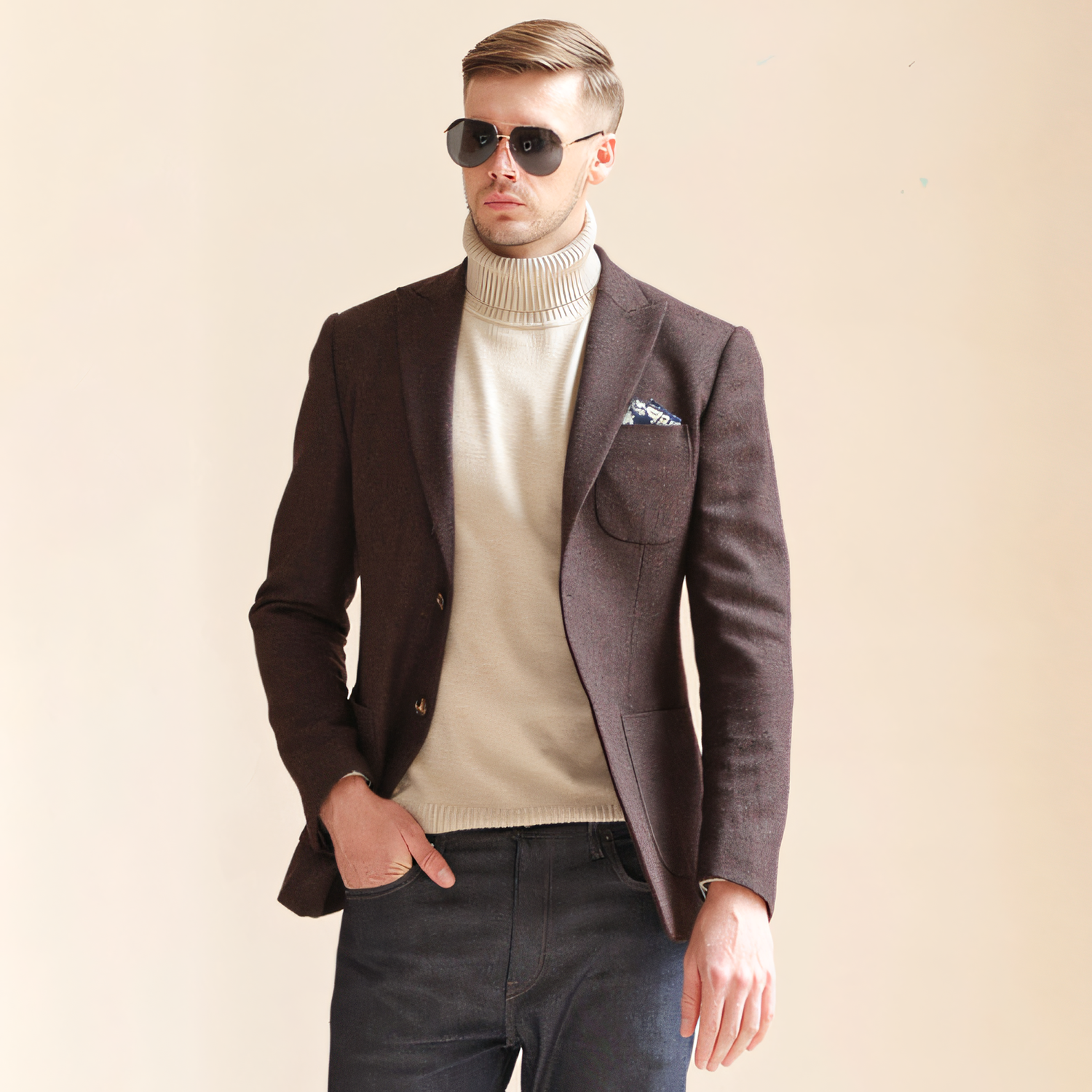 Men's Vintage Herringbone Coffee Tweed Peak Lapel Blazer Jacket
