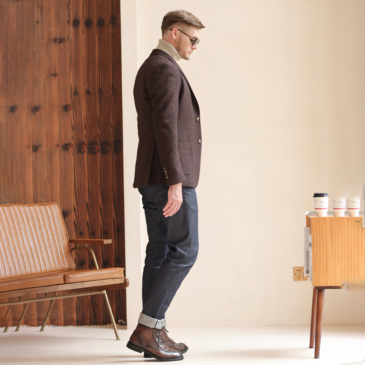 Men's Vintage Herringbone Coffee Tweed Peak Lapel Blazer Jacket