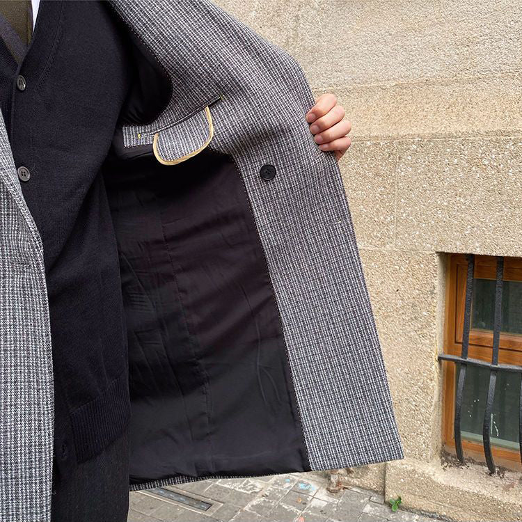 Men's Houndstooth Mid-Length Double Breasted Woolen Casual Thick Overcoat