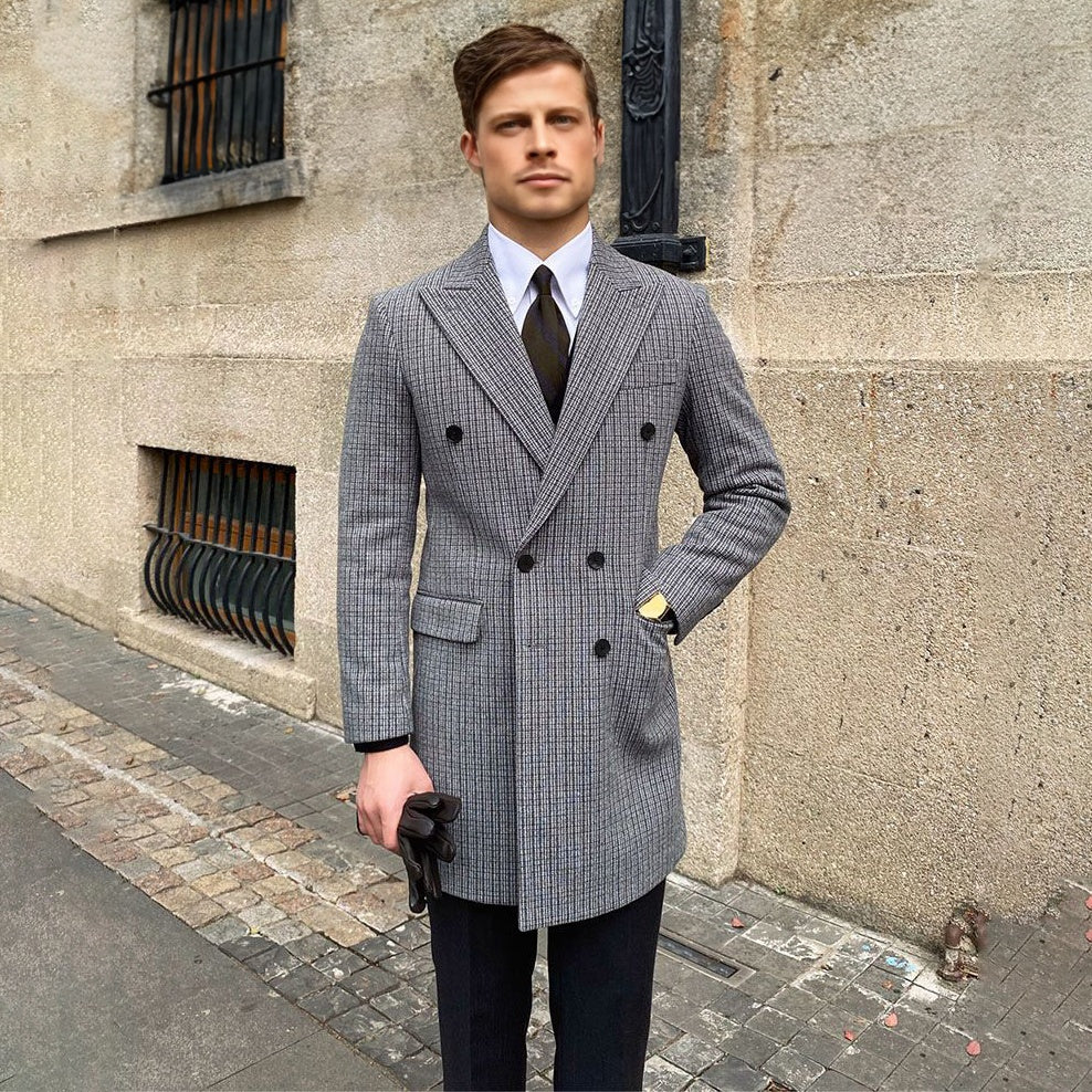Men's Houndstooth Mid-Length Double Breasted Woolen Casual Thick Overcoat