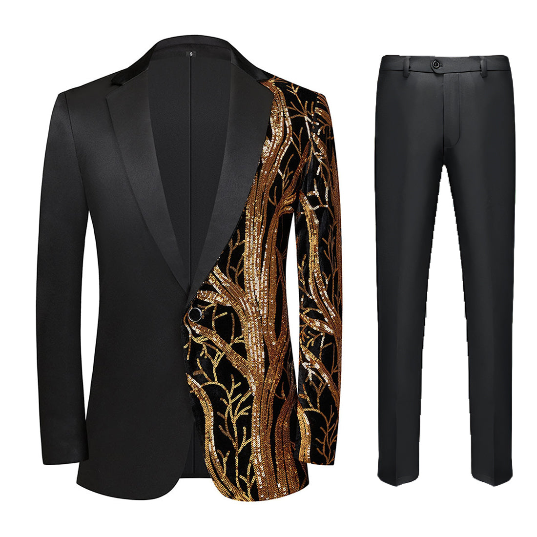 Men's 2 Pieces Sequin Suit Golden Branches Pattern Black Tuxedo