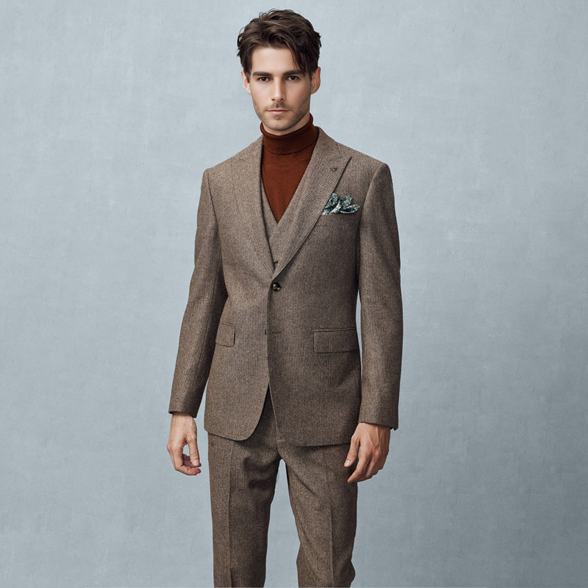 3 Pieces Retro Peaky Lapel Herringbone Tweed Suit