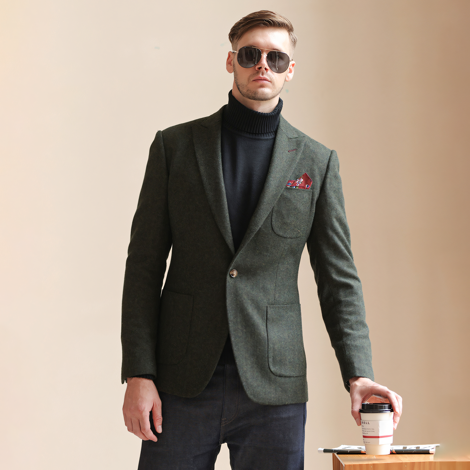 Men's Vintage Herringbone Dark Green Tweed Peak Lapel Blazer Jacket