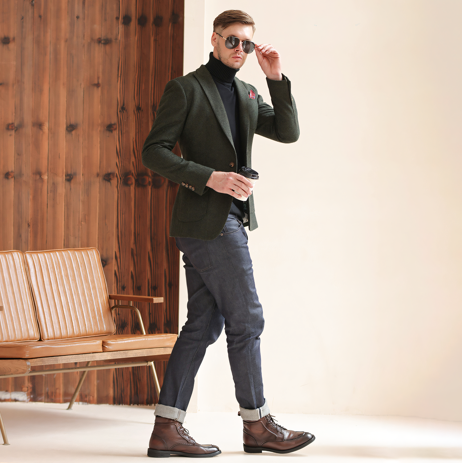 Men's Vintage Herringbone Dark Green Tweed Peak Lapel Blazer Jacket