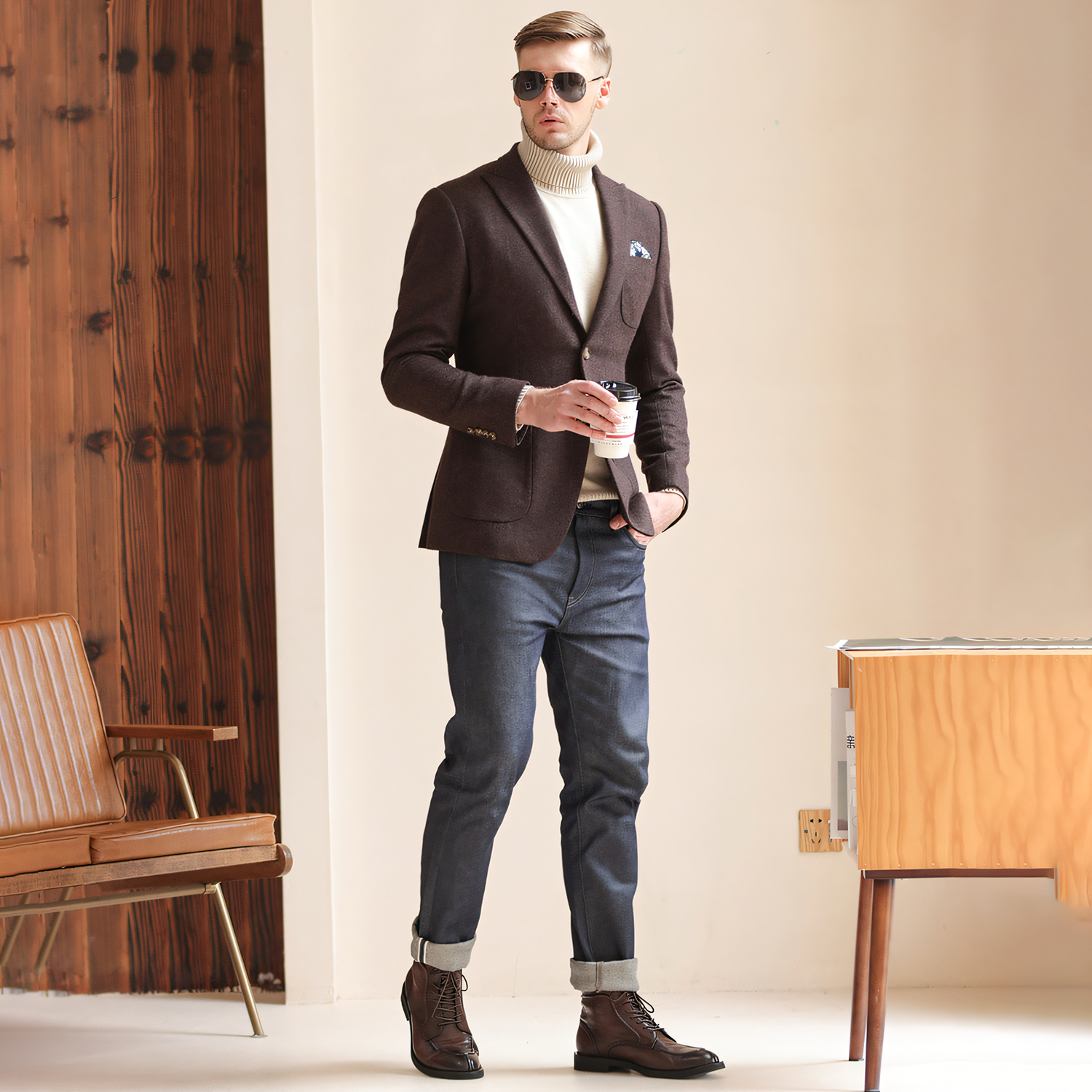 Men's Vintage Herringbone Coffee Tweed Peak Lapel Blazer Jacket