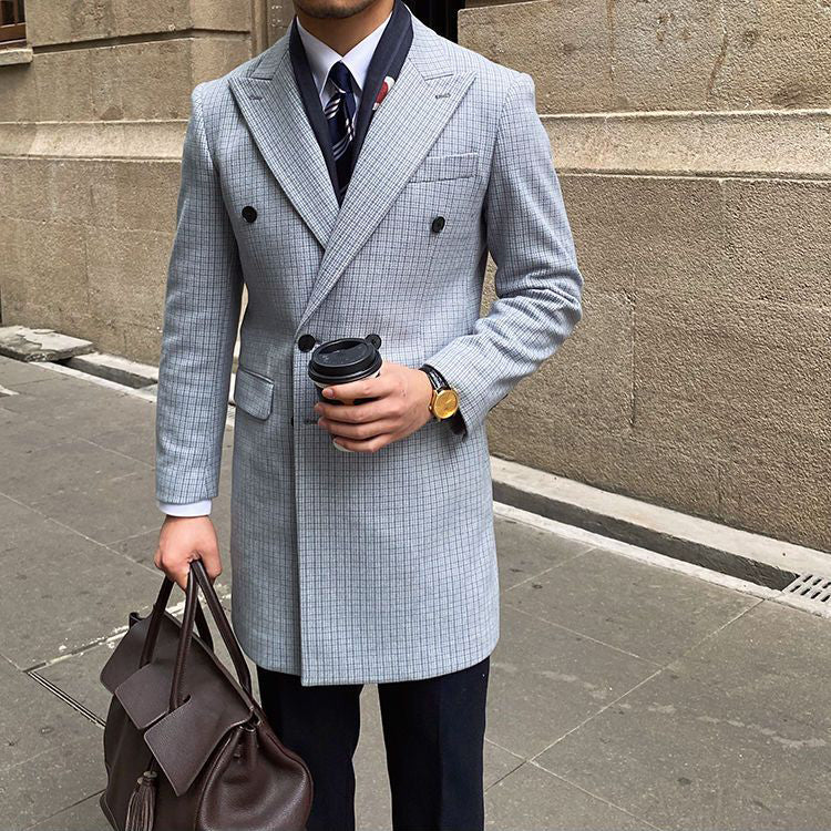 Men's Houndstooth Mid-Length Double Breasted Woolen Casual Thick Overcoat