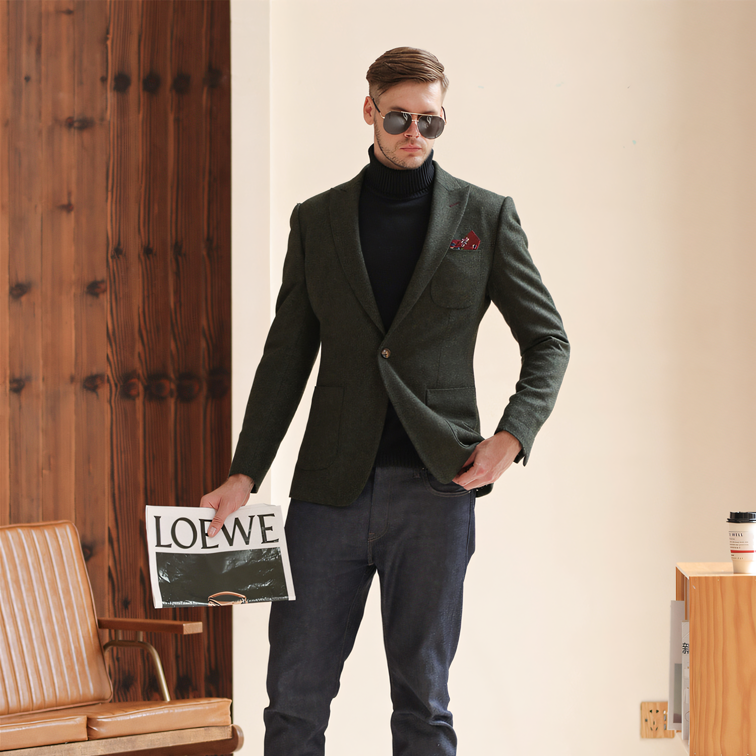 Men's Vintage Herringbone Dark Green Tweed Peak Lapel Blazer Jacket