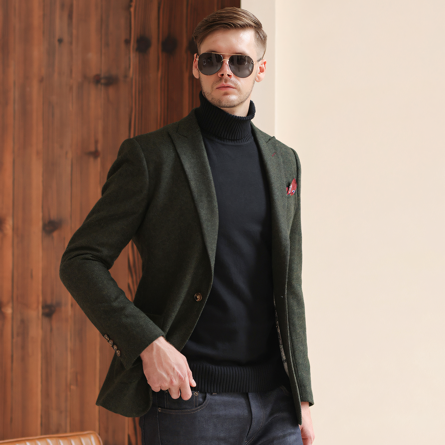 Men's Vintage Herringbone Dark Green Tweed Peak Lapel Blazer Jacket
