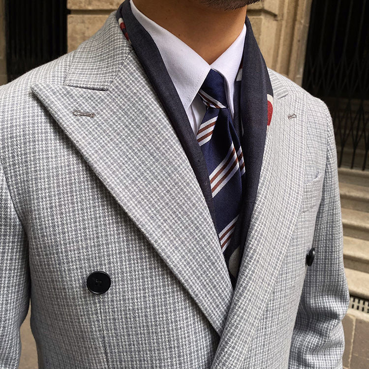 Men's Houndstooth Mid-Length Double Breasted Woolen Casual Thick Overcoat