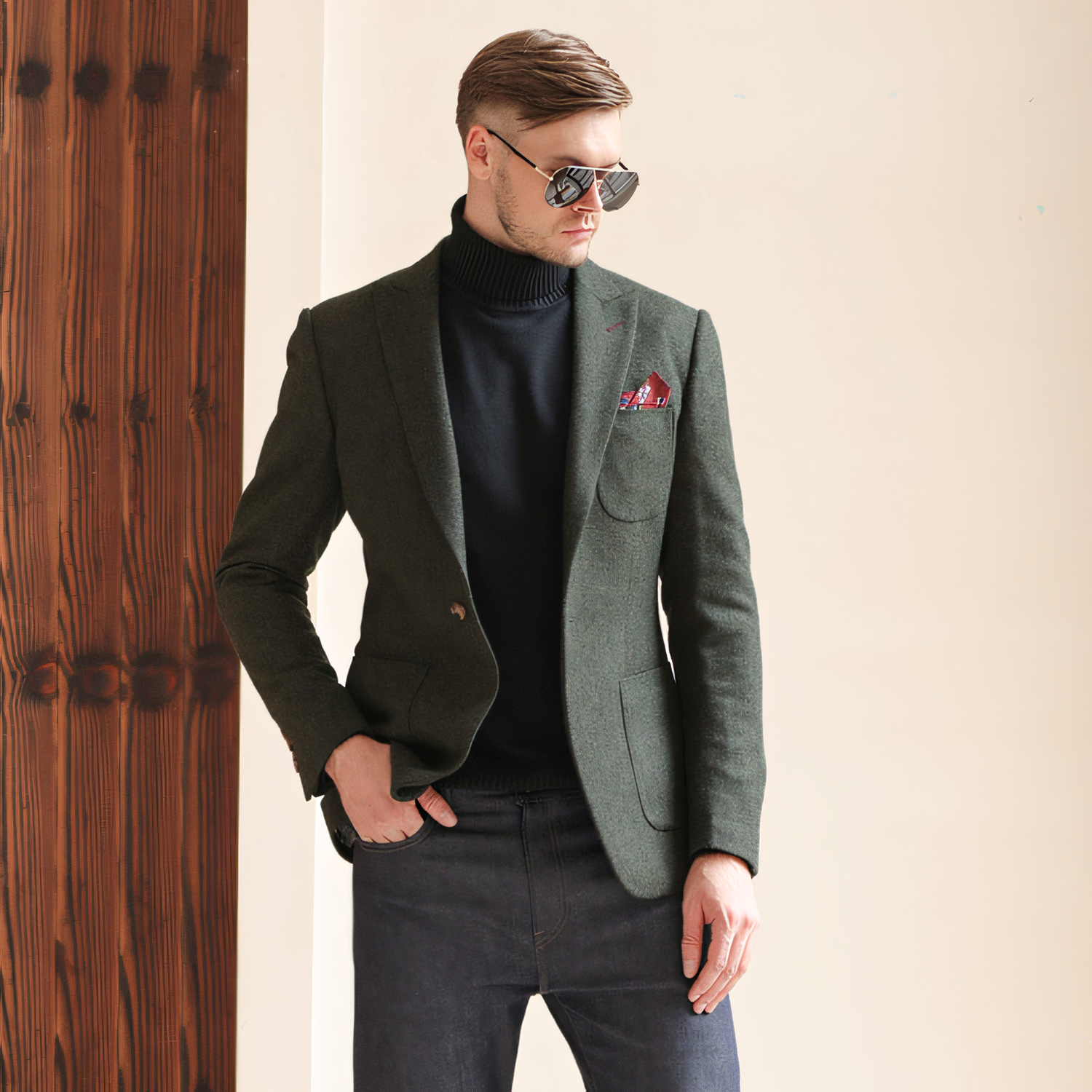 Men's Vintage Herringbone Dark Green Tweed Peak Lapel Blazer Jacket