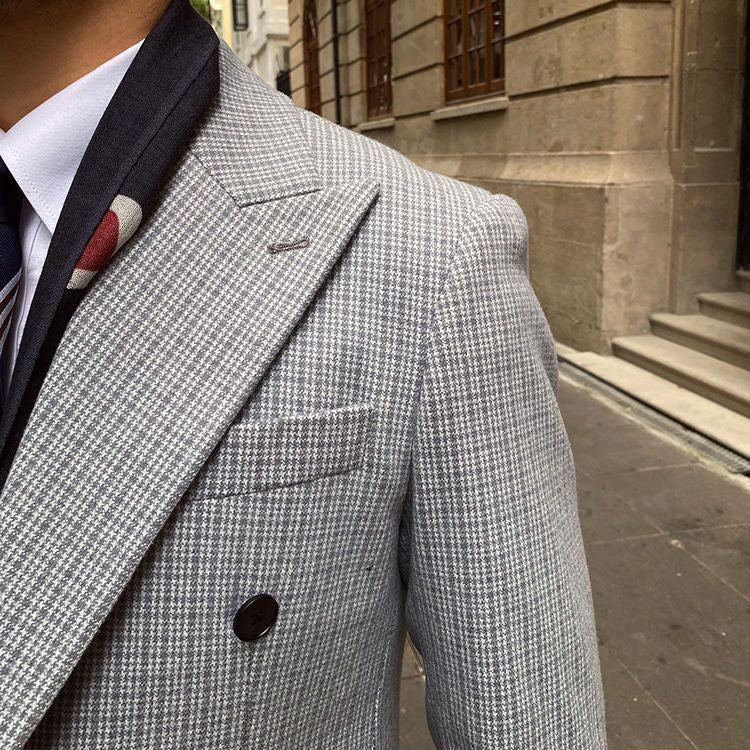 Men's Houndstooth Mid-Length Double Breasted Woolen Casual Thick Overcoat