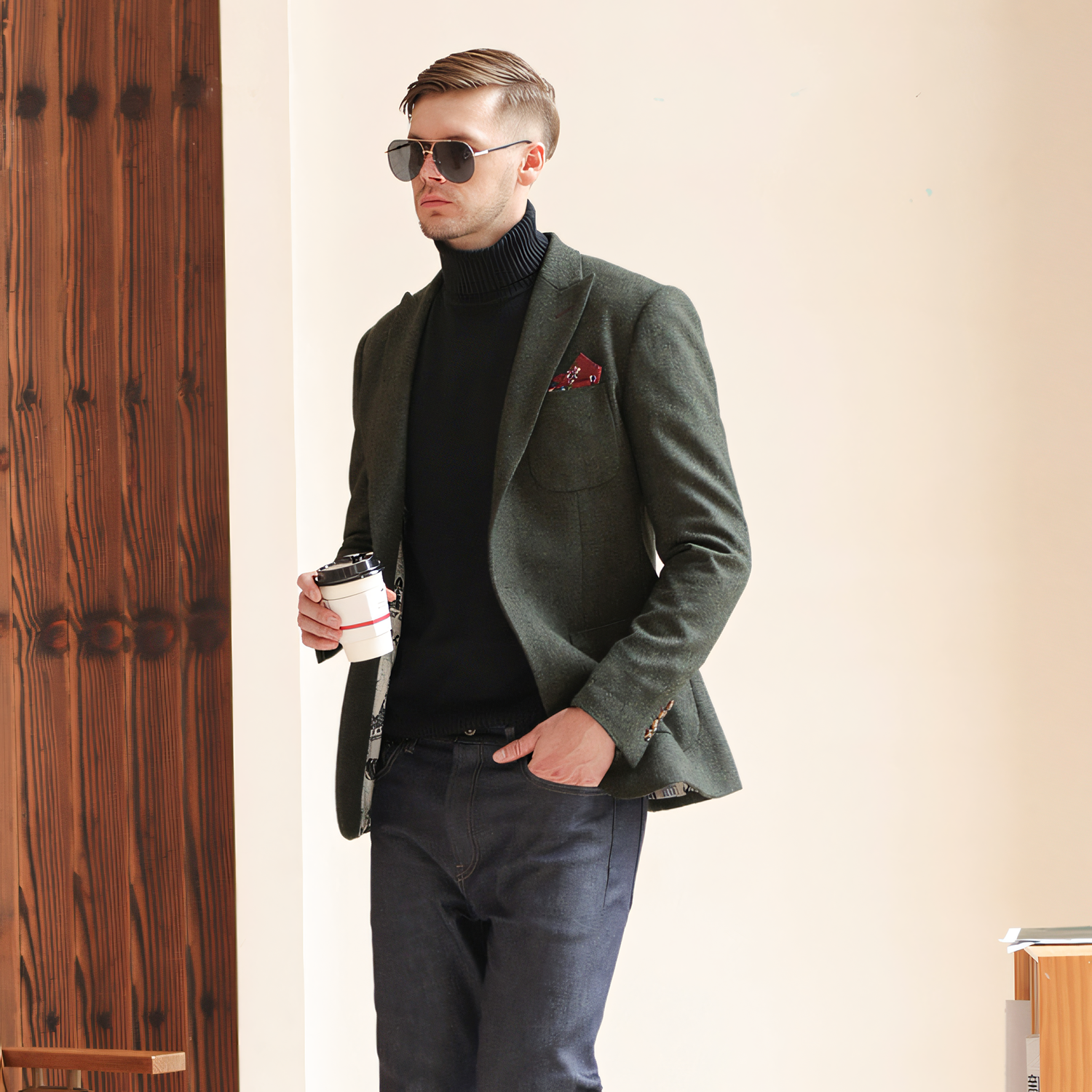 Men's Vintage Herringbone Dark Green Tweed Peak Lapel Blazer Jacket