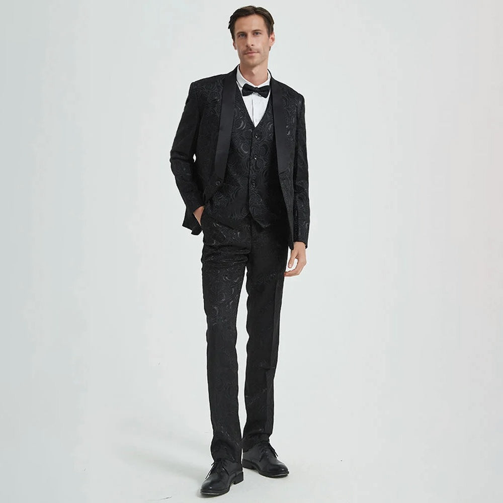 Men's 3-Piece Rose Embroidery Suits Wedding Suits for Groom Tuxedo 2 Color