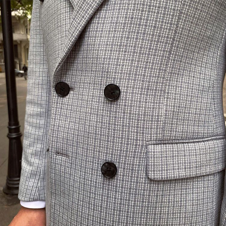 Men's Houndstooth Mid-Length Double Breasted Woolen Casual Thick Overcoat