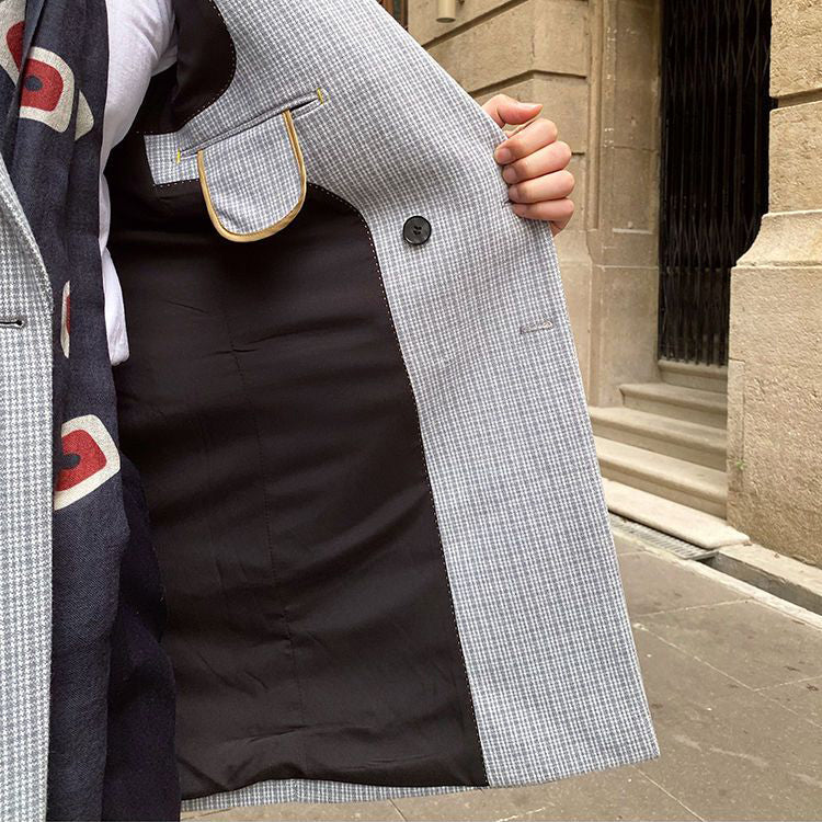 Men's Houndstooth Mid-Length Double Breasted Woolen Casual Thick Overcoat