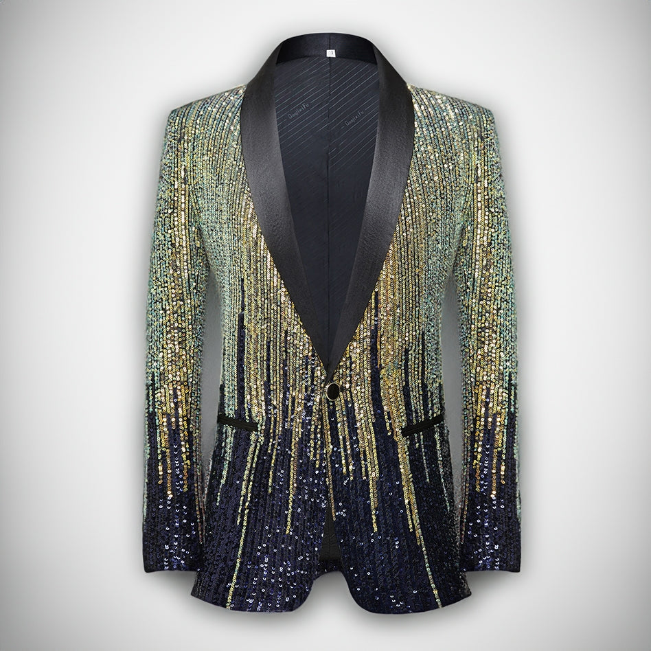 Men's 2 Pieces Gold Gradient Blue Galaxy Sequin Stage Tuxedo Blazer