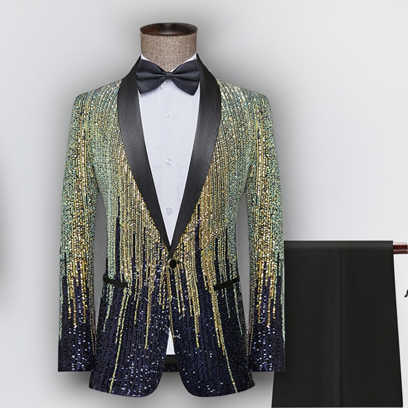 Men's 2 Pieces Gold Gradient Blue Galaxy Sequin Stage Tuxedo Blazer