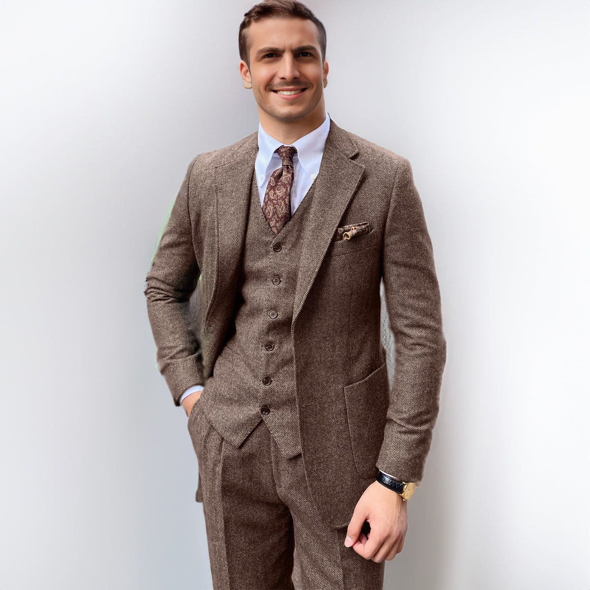 3 Pieces Herringbone Tweed Suit