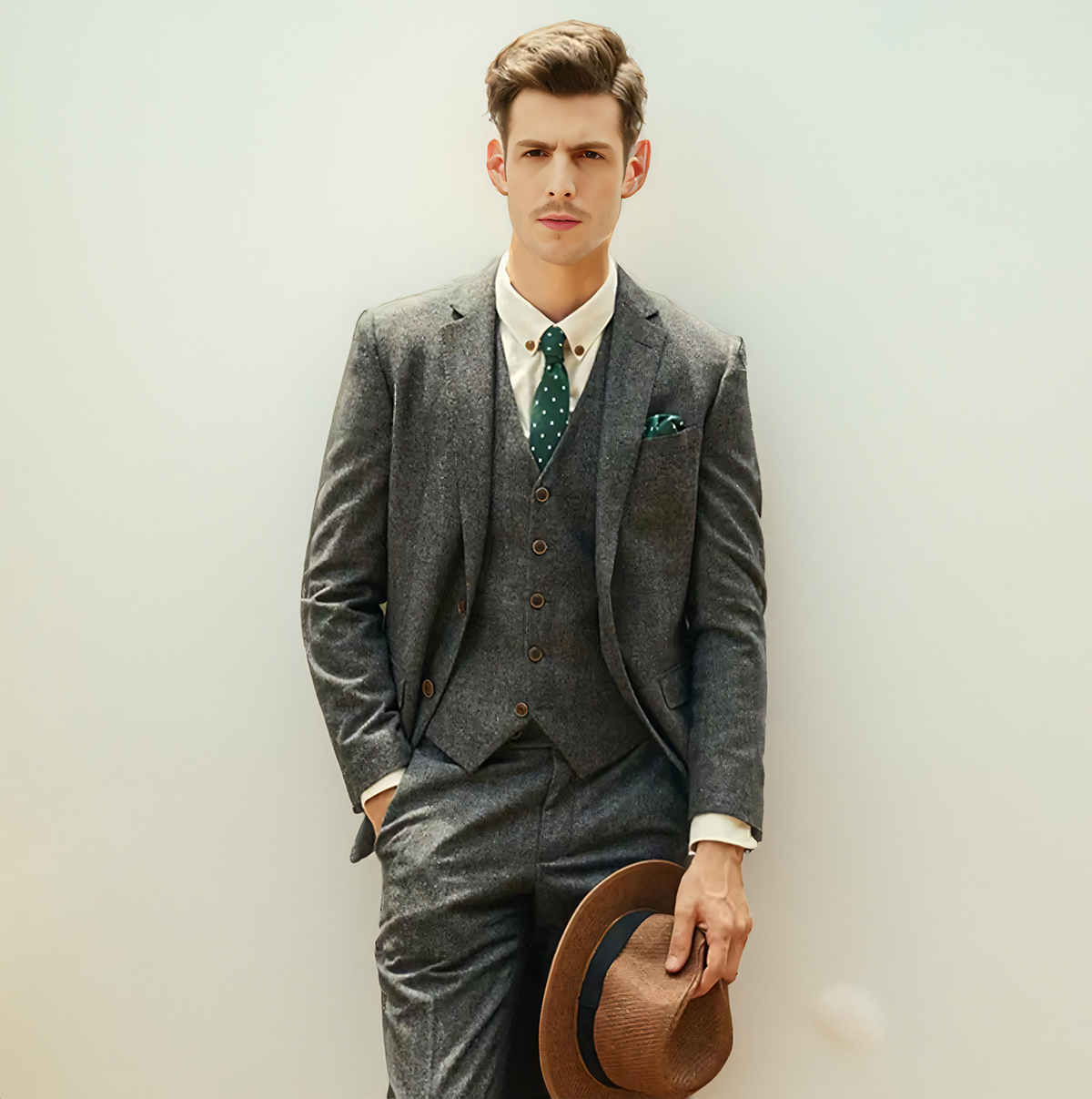 3 Pieces Herringbone Tweed Suit