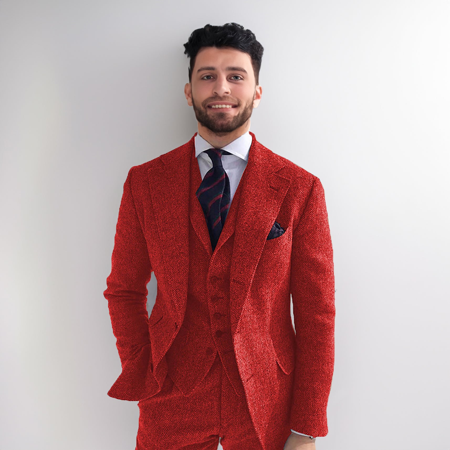Men's Classic Vintage 3 Piece Herringbone Tweed Notch Lapel Tuxedo