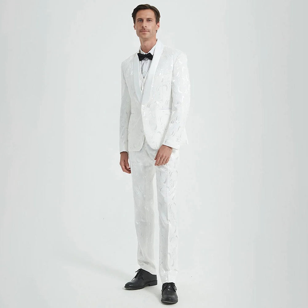 Men's 3-Piece Rose Embroidery Suits Wedding Suits for Groom Tuxedo 2 Color
