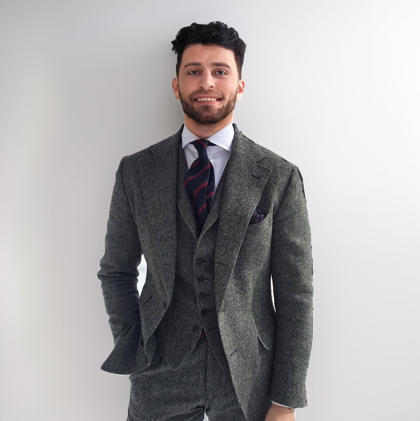 Men's Classic Vintage 3 Piece Herringbone Tweed Notch Lapel Tuxedo