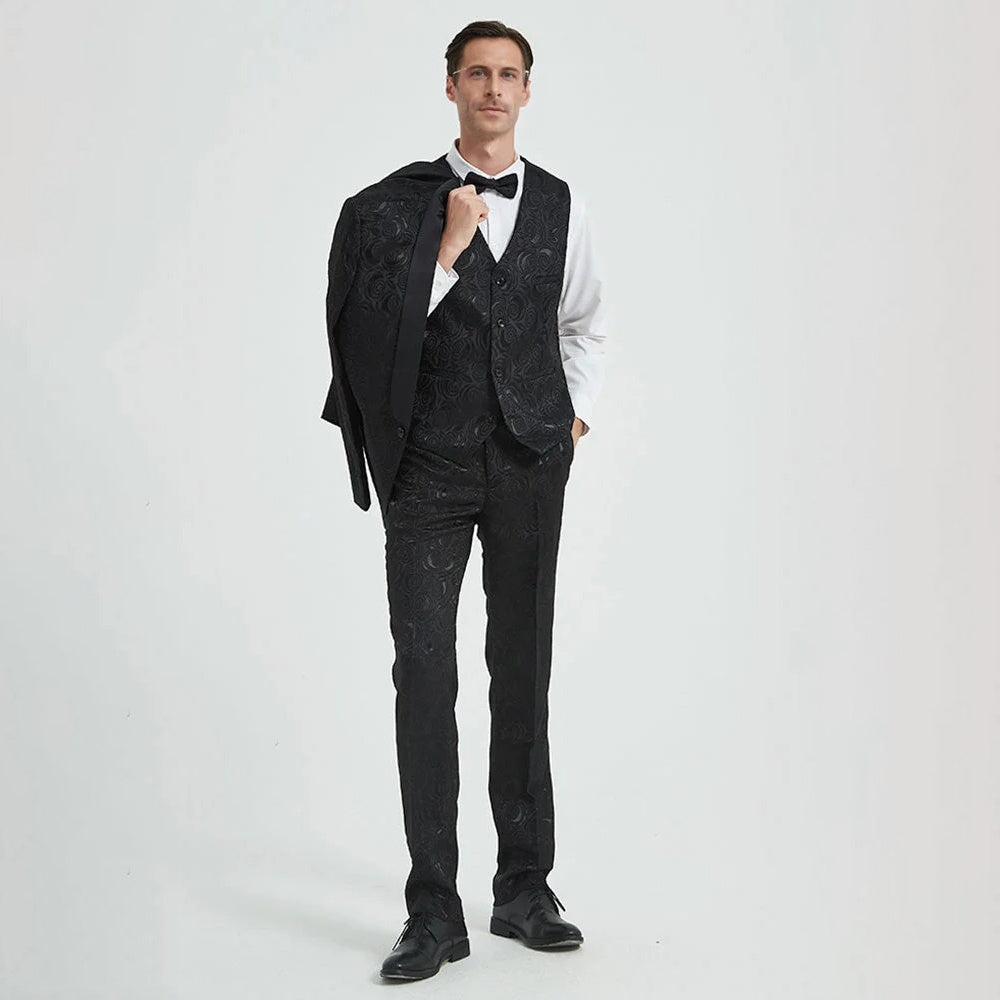 Men's 3-Piece Rose Embroidery Suits Wedding Suits for Groom Tuxedo 2 Color