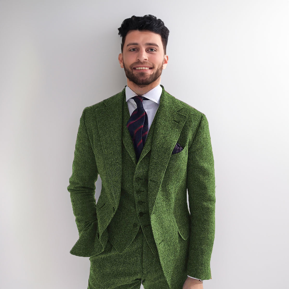 Men's Classic Vintage 3 Piece Herringbone Tweed Notch Lapel Tuxedo