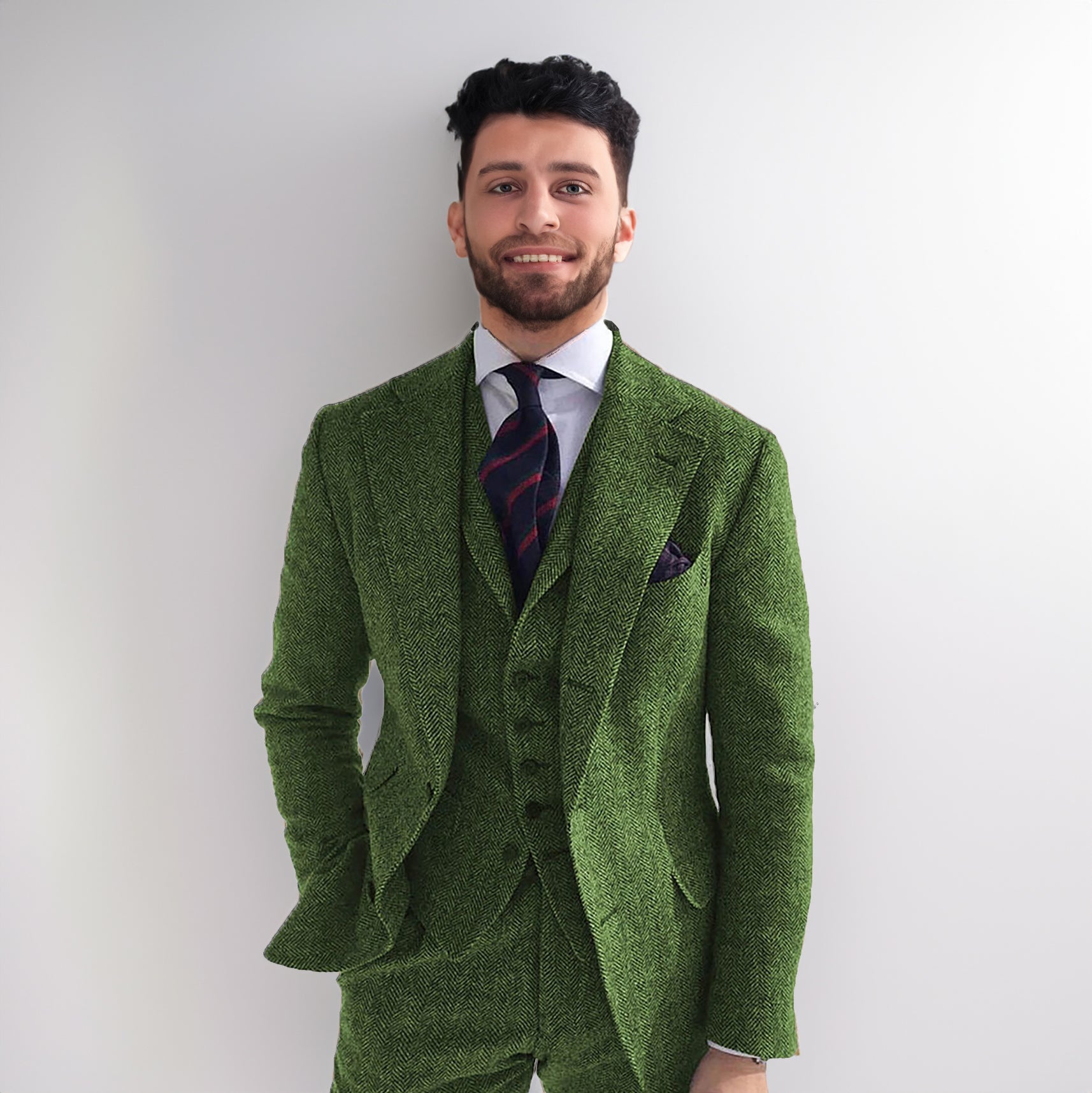 Men's Classic Vintage 3 Piece Herringbone Tweed Notch Lapel Tuxedo