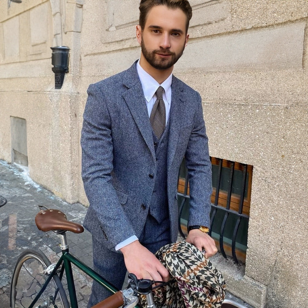 Men's Vintage Autumn Thickened 3 Pieces Herringbone Tweed Notch Lapel Suit