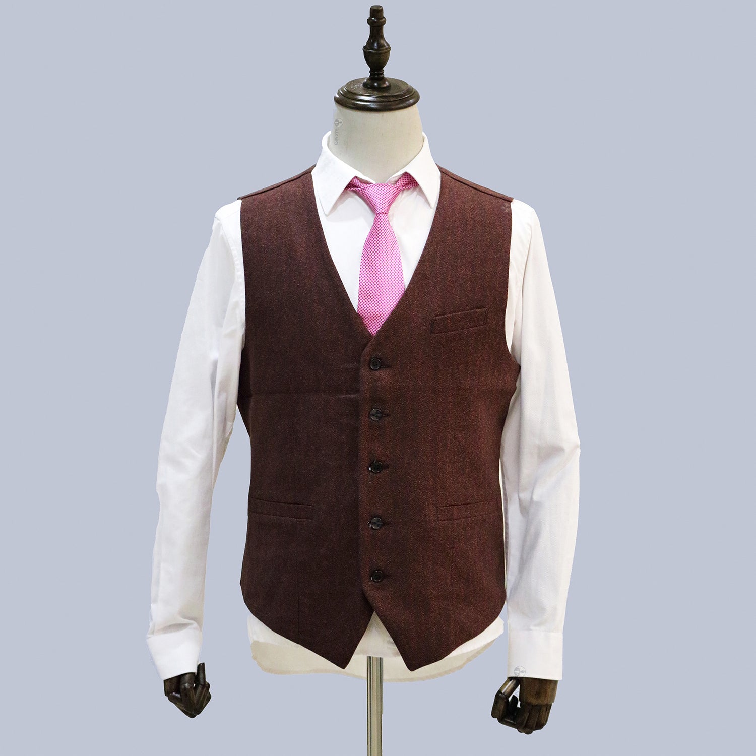 3 Piece Burgundy Herringbone Tweed Notch Lapel Suit