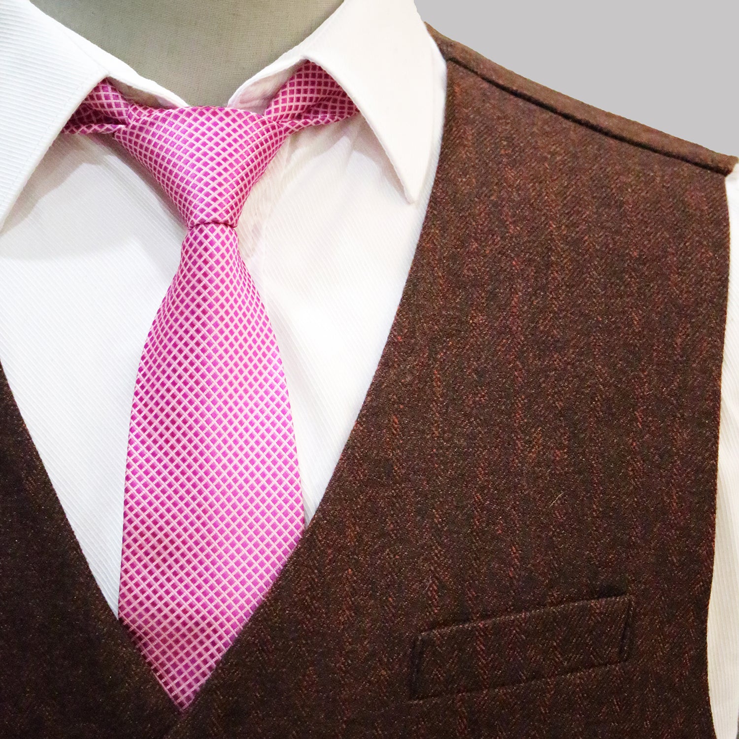 3 Piece Burgundy Herringbone Tweed Notch Lapel Suit
