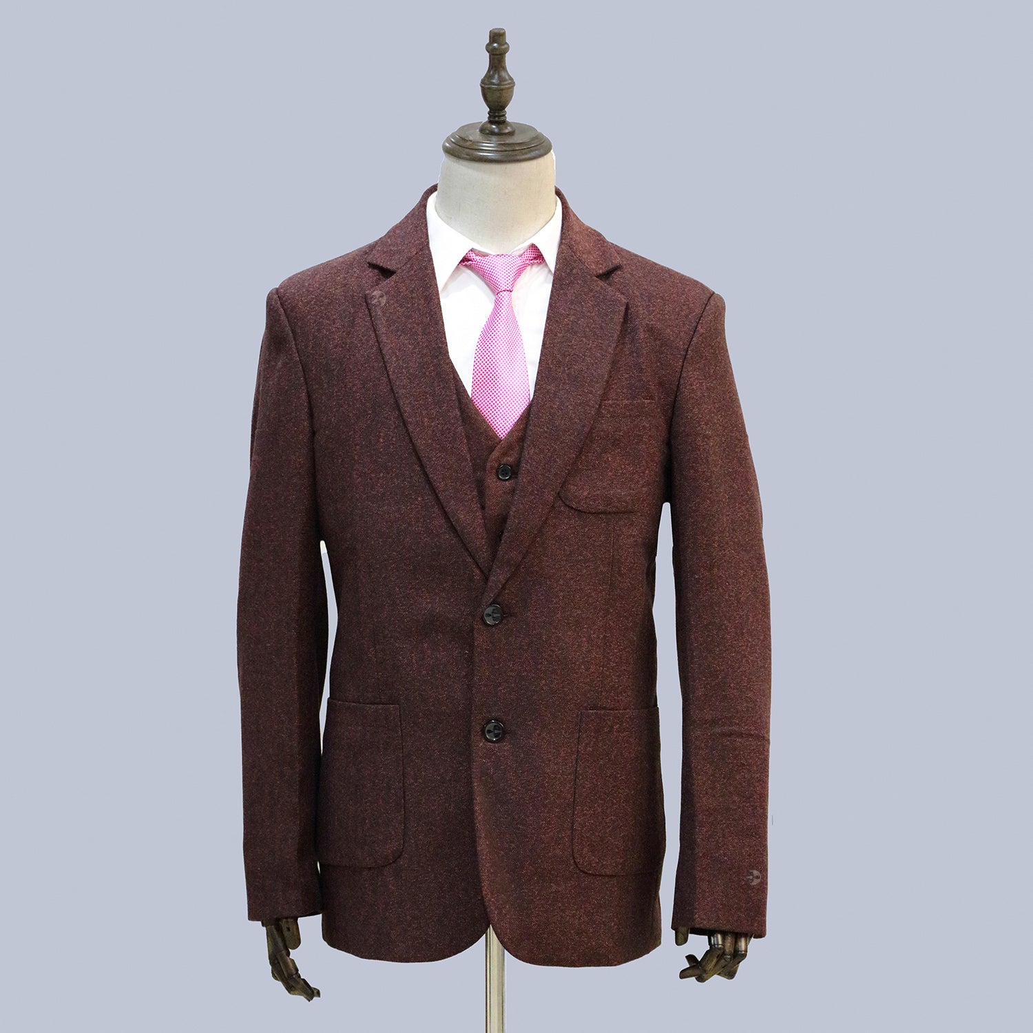 3 Piece Burgundy Herringbone Tweed Notch Lapel Suit