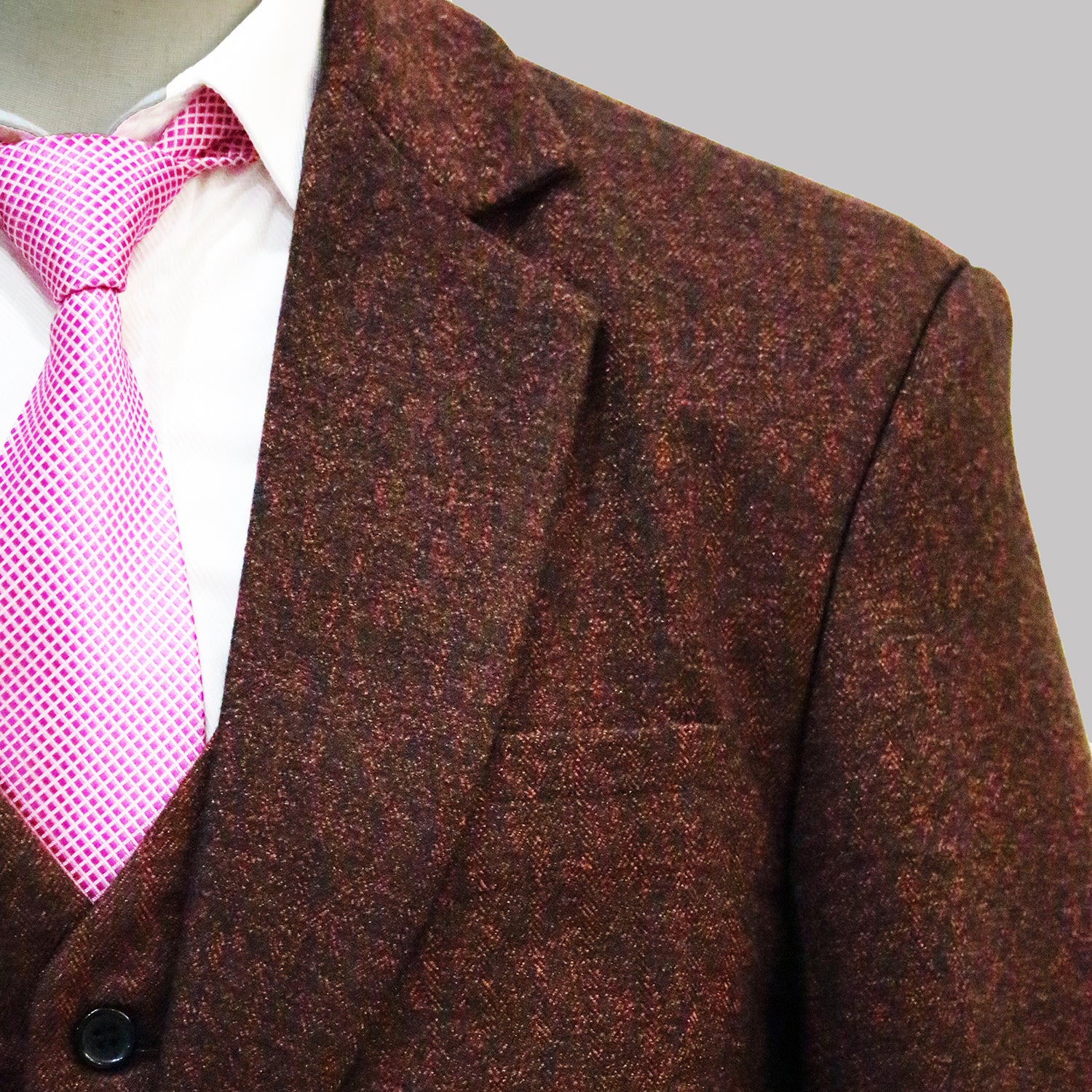 3 Piece Burgundy Herringbone Tweed Notch Lapel Suit