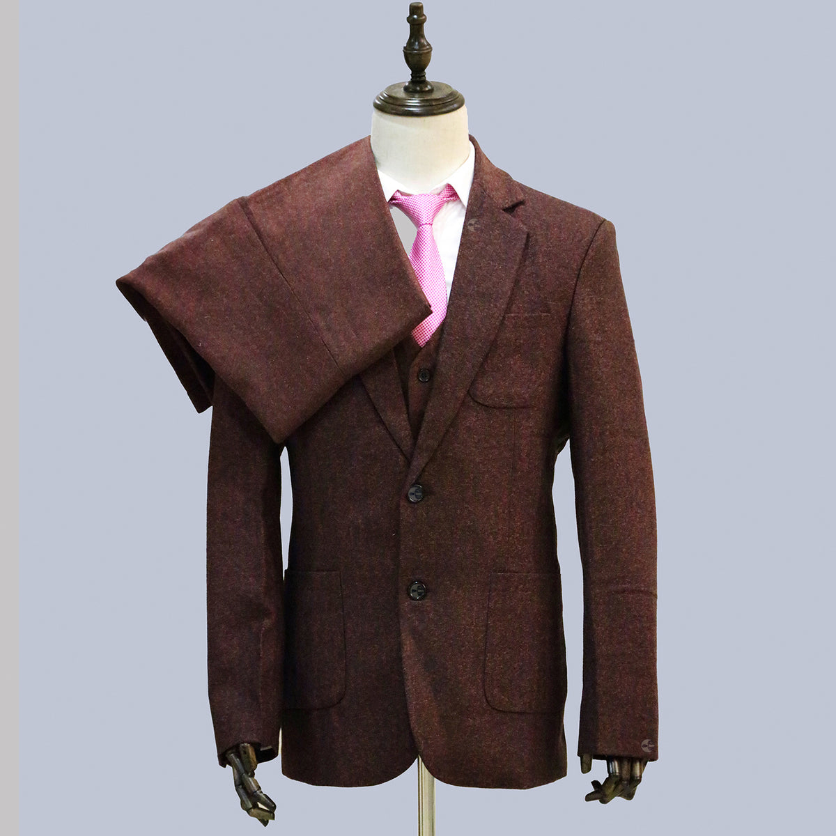 3 Piece Burgundy Herringbone Tweed Notch Lapel Suit