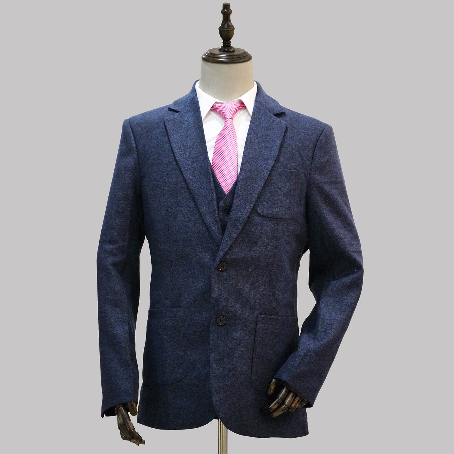 3 Piece Navy Blue Herringbone Tweed Notch Lapel Suit