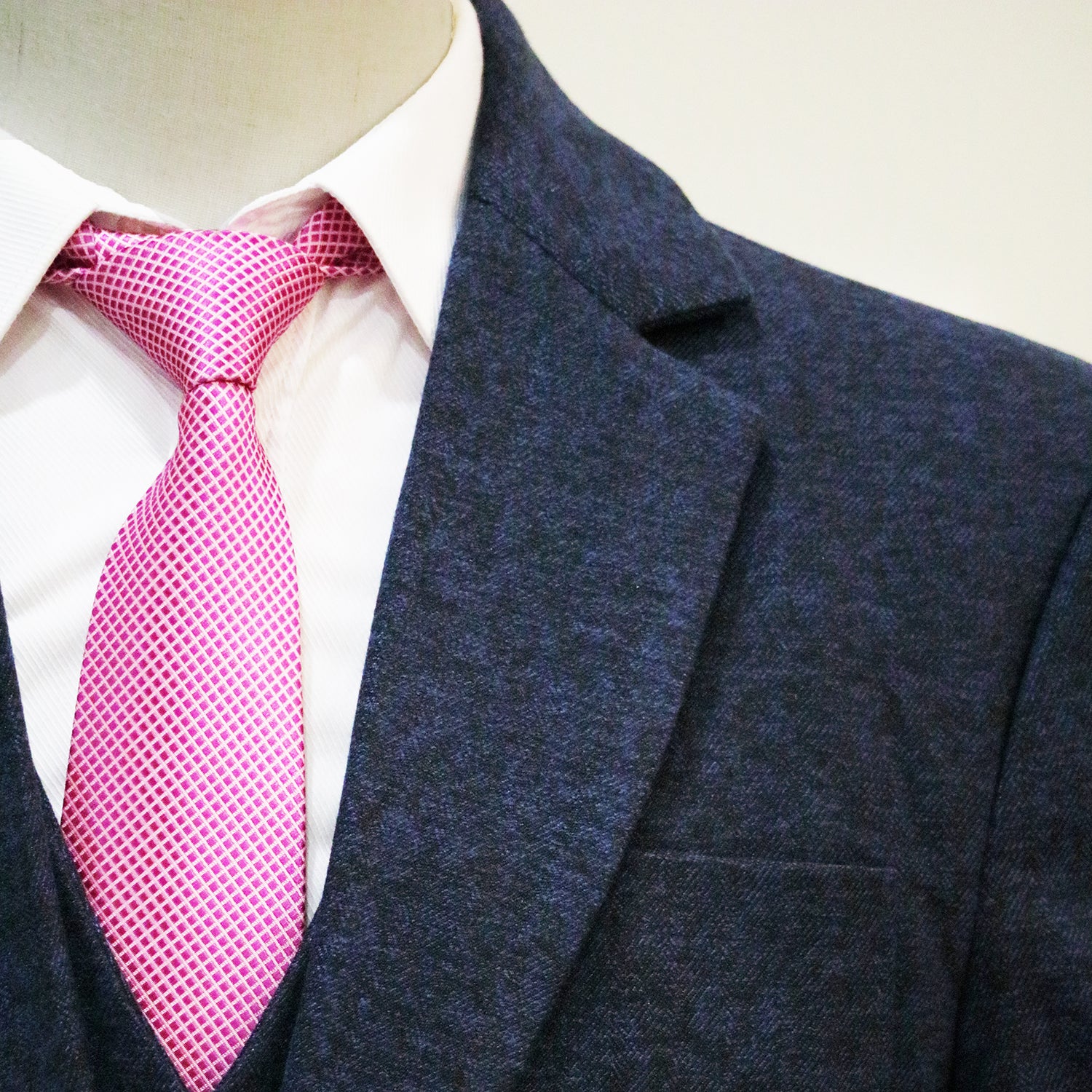 3 Piece Navy Blue Herringbone Tweed Notch Lapel Suit
