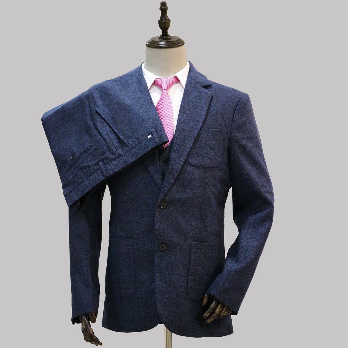 3 Piece Navy Blue Herringbone Tweed Notch Lapel Suit
