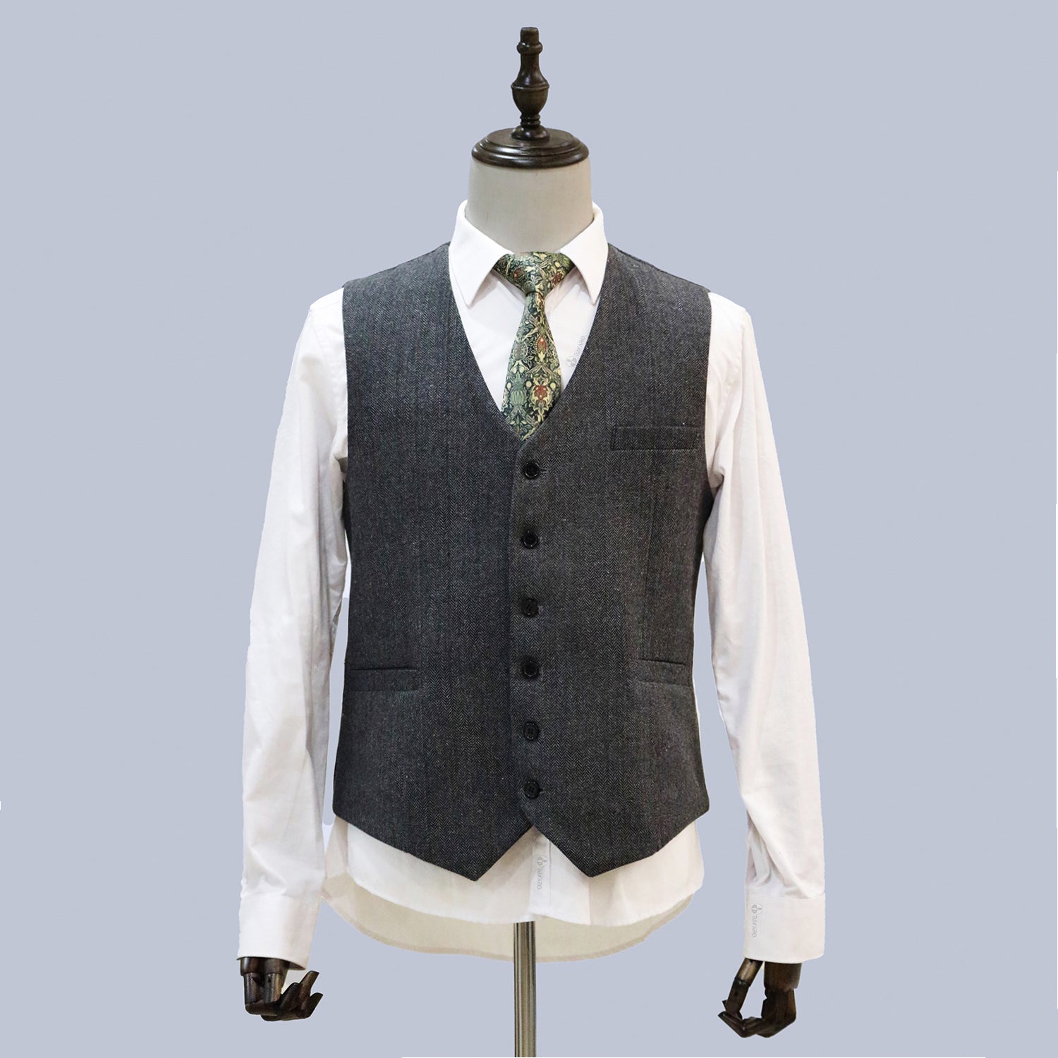 3 Piece Grey Retro Herringbone Tweed Notch Lapel Suit