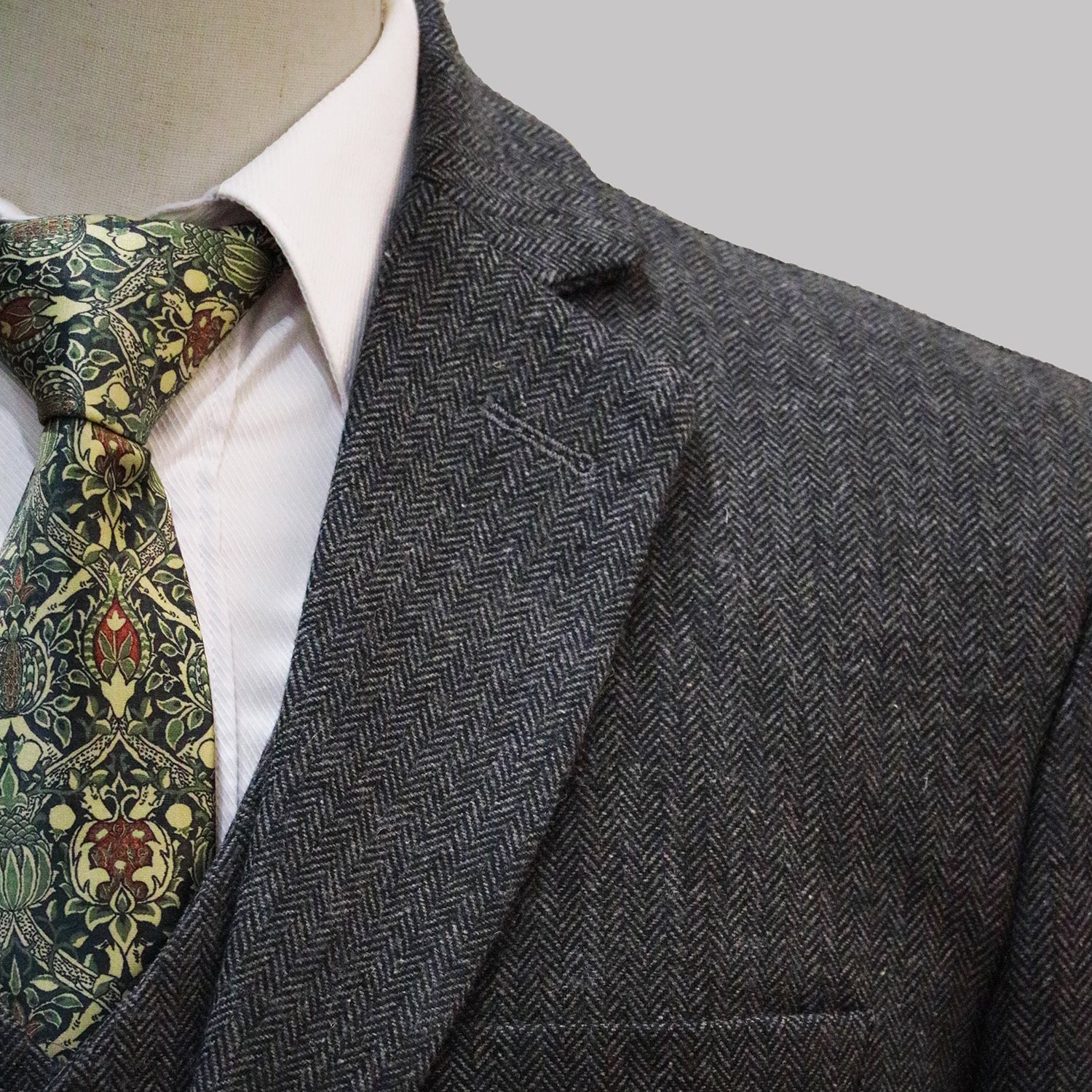 3 Piece Grey Retro Herringbone Tweed Notch Lapel Suit