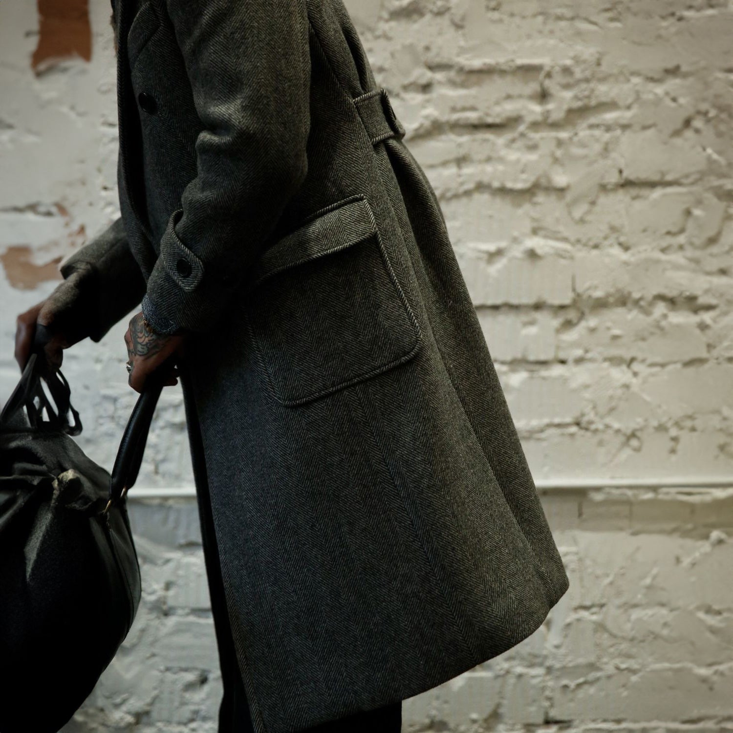 Men's Army Green Tweed Herringbone Overcoat