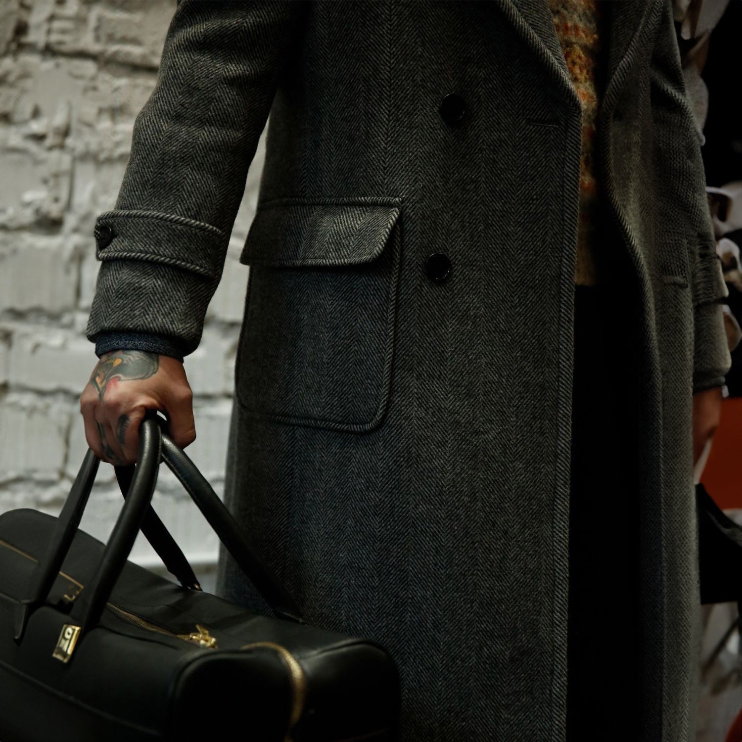 Men's Army Green Tweed Herringbone Overcoat