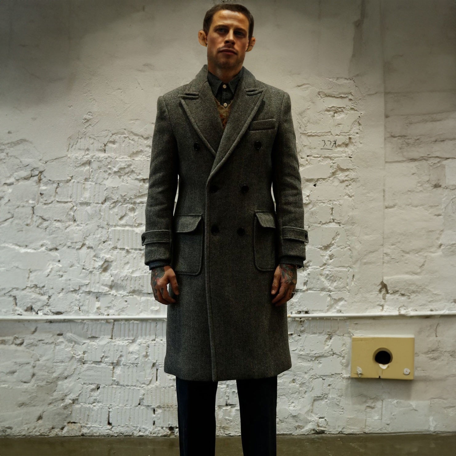 Men's Army Green Tweed Herringbone Overcoat