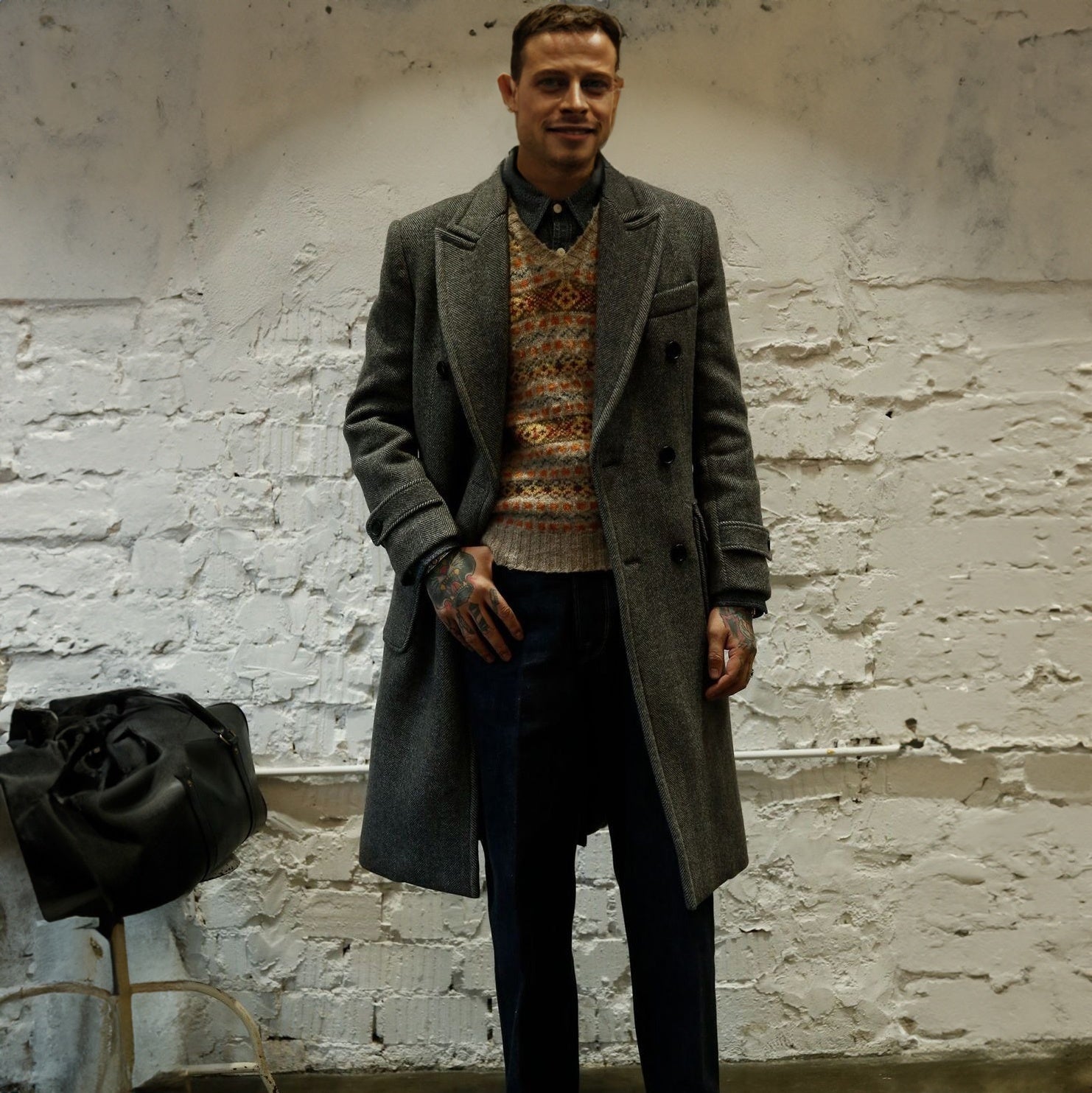 Men's Army Green Tweed Herringbone Overcoat - Main Image