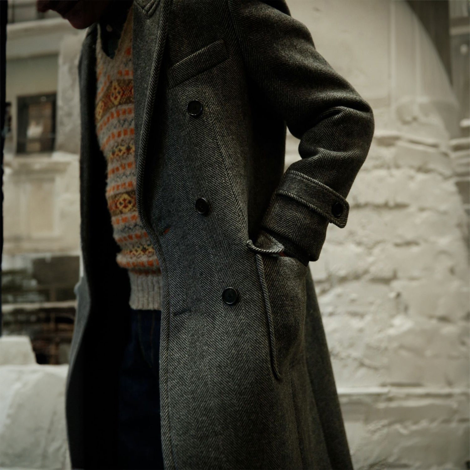 Men's Army Green Tweed Herringbone Overcoat